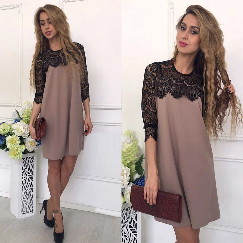 Koop 2018 Zomer Mode Kant Stiksels Uithollen Rechte Jurk Vrouwen Causale Losse Patchwork Drie Kwart Mouwen Mini Jurken