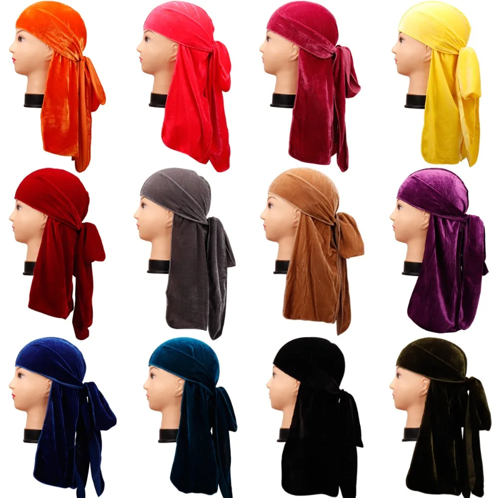 

Xugar Headwear Velvet Durag Hats For Men Women do doo du rag Long Tail Headwrap Chemo Cap Biker Pirate Bandana Hair Accessories
