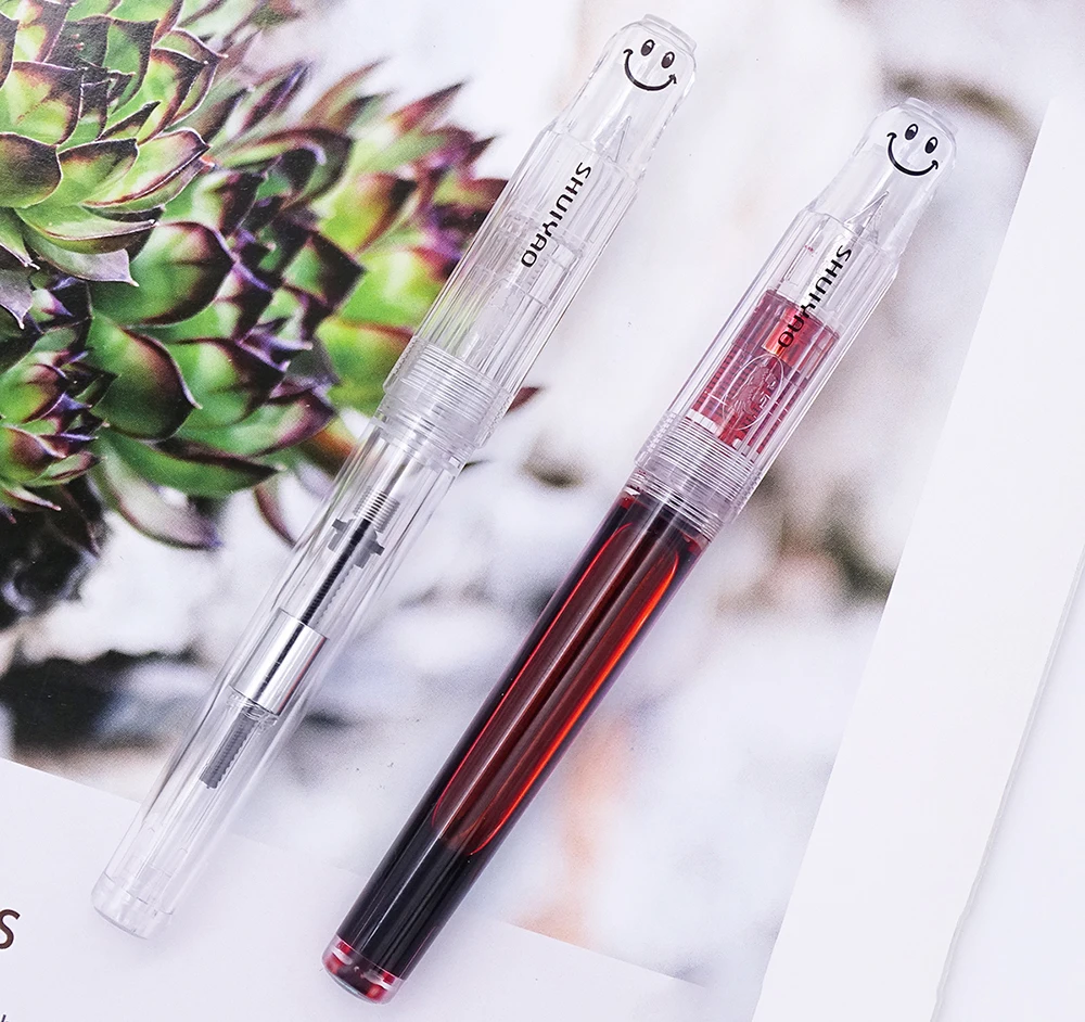 

2PCS Set Fully Transparent Dropper Fountain Pen Smiling Face Iridium EF & F 2 Pens with Converter Cute Fashion Writing Gift Pen
