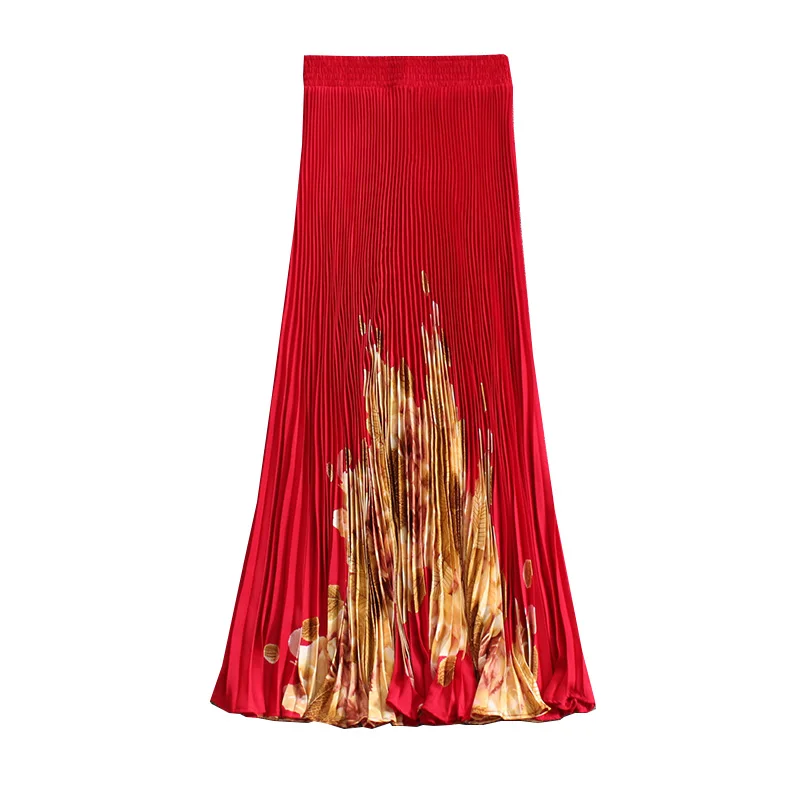 Красная женская тонкая юбка в китайском стиле с цветочным принтом, плиссированная, средней длины, удлиненная юбка высокого качества, Мягкая атласная Офисная Женская юбка, юбка