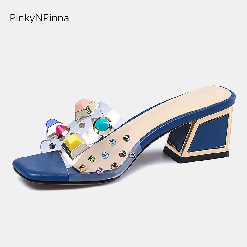 

transparent plastic rivet multi-color rhinestone luxury slippers woman crystal metal decoration sheepskin Bohemian slides shoes