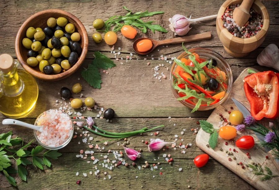 

Laeacco Wooden Board Vegetable Fruit Seasoning Oil Photography Background Customized Photographic Backdrop For Photo Studio