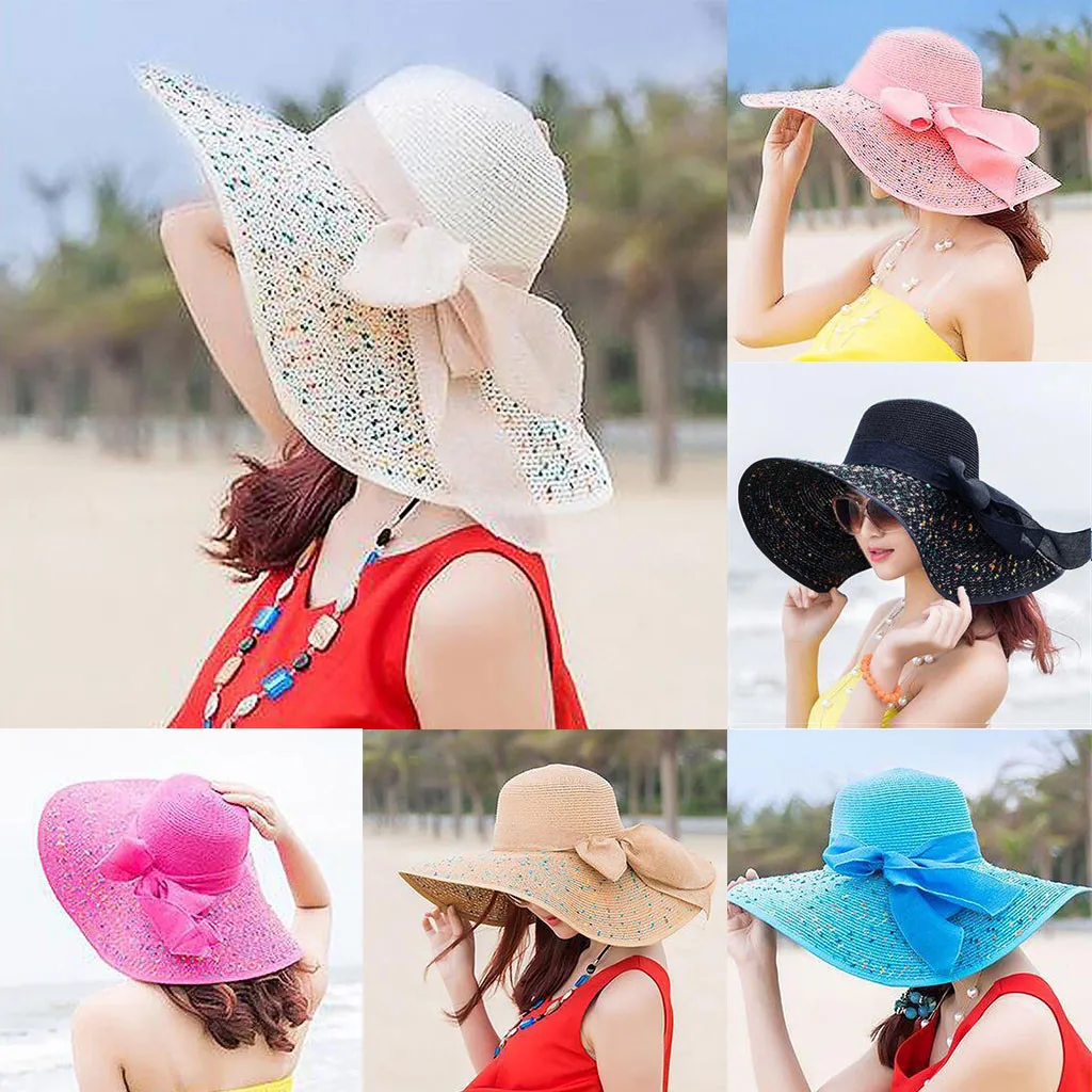 Sleeper#401 NEW FASHION Women Colorful Big Brim Straw Bow Hat Sun Floppy Wide Brim Hats Beach Cap solid hot Free Shipping