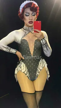 

Bodysuit Sparkly Rhinestones Crystals Leotard One-piece Nude Stretch Celebrate Outfit Nightclub Female Singer Costume Sexy Wear