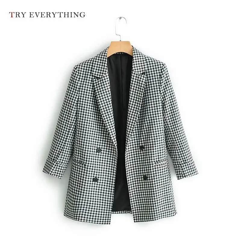 

American Jacket Woman Blazer 2019 Plaid Jacket Women Double Breasted Blazer Black White Casual Women Blazer Jackets Femle Caot