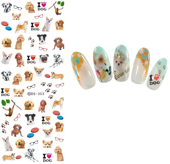 1 лист Серия животных милая собака прекрасный кот дизайн ногтей Водные Наклейки Маникюр татуировки гвоздь искусство Передачи Стикер Украшение - Цвет: DS-303