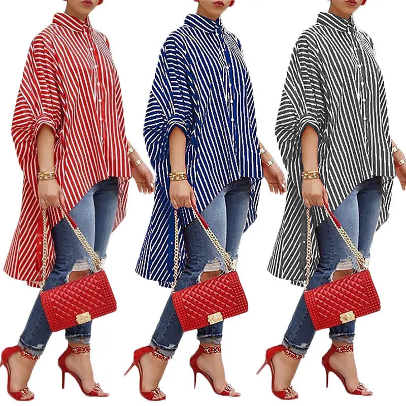 

MeiHuiDa 2018 New Style Fashion Women's Long Sleeve Loose Blouse Casual Striped Button Long Blouse