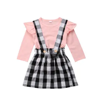 

Brand New Newborn Kid Baby Girl Long Sleeve Tops T shirt Plaid Suspender Skirt Dress Set