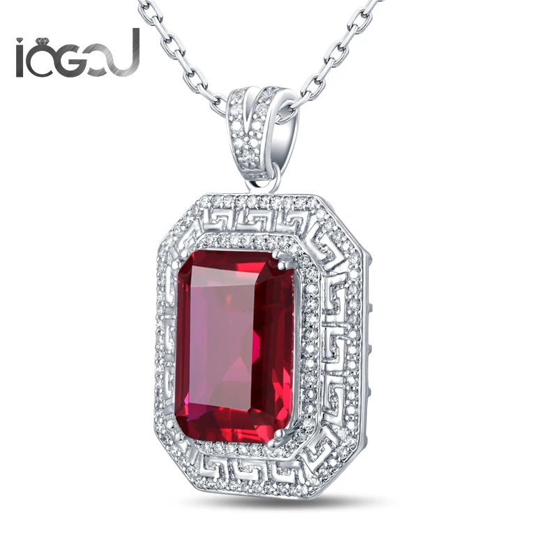 

IOGOU Popular White Gold Color Rectangle Cut HipHop Pendants Jewelry Gifts 925 Sterling Silver Red Sona Simulated 14.5X19.5mm