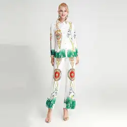 Высококачественные костюмы из органической кожи 2019 г., Осенние рубашки с длинными рукавами + элегантные брюки, комплект из 2 предметов, A679