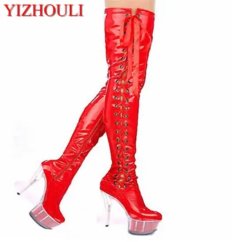 

15cm high-heeled shoes crystal cutout boots over-the-knee platform boots Thigh High Boots 6 inch lady strappy pole dancing boots
