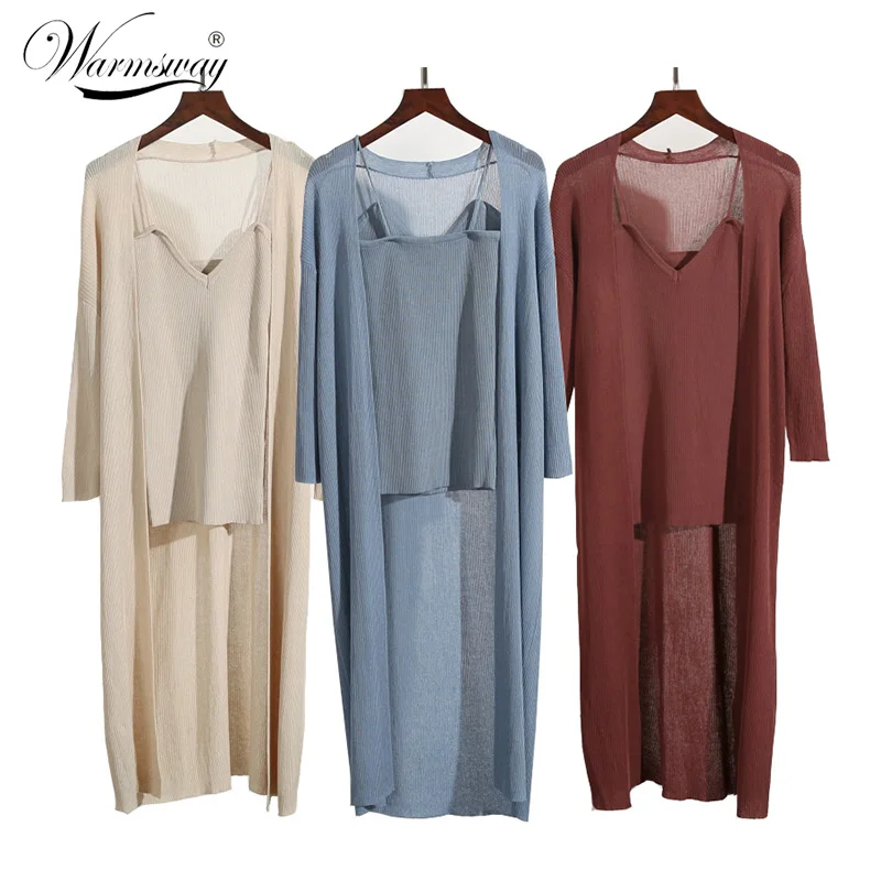 Summer Autumn Three Quarter Knit Cardigans + sexy camis v neck  Solid Two-pieces knitting Clothing Sets for wowan 6 colors C-001