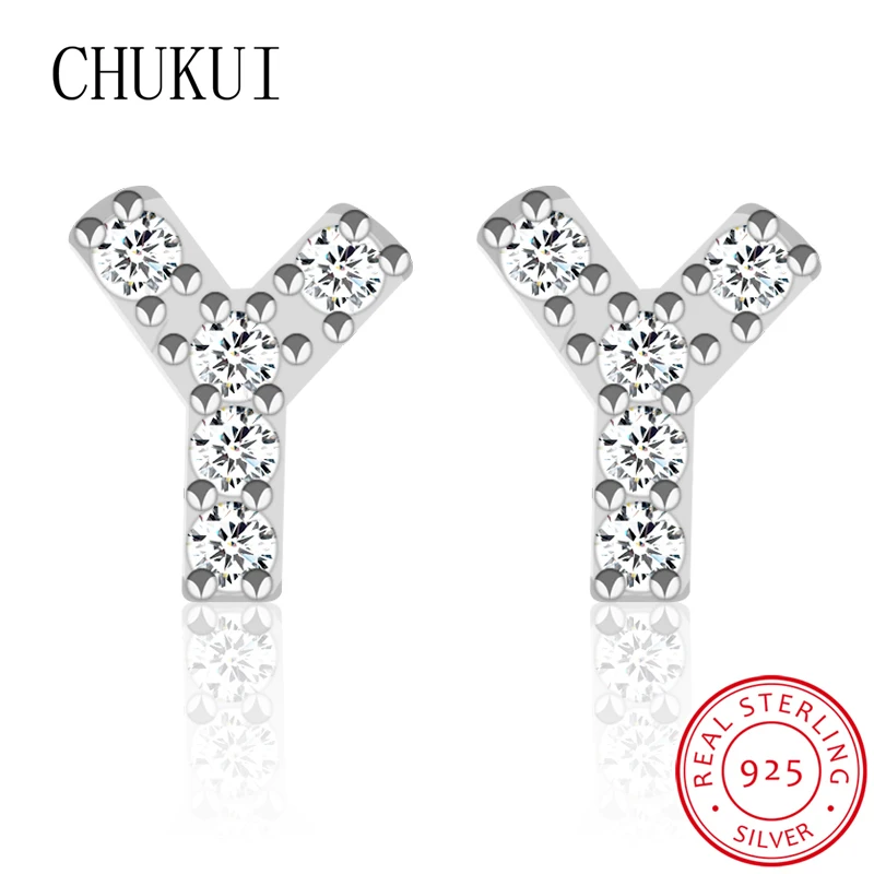 

CHUKUI Real 925 Silver Earrings for Women Brincos Initial Letter Cubic Zirconia Earing Stud Jewellery Silver 925 Korean