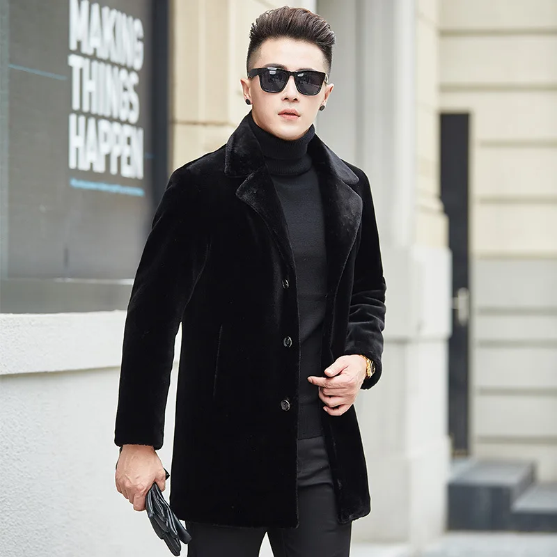 Top Brand Shearling Fur Jacket Men Office Casual Suit Collar Single Breasted Fur Outwear Plus Size 4XL Winter Medium Long Coats