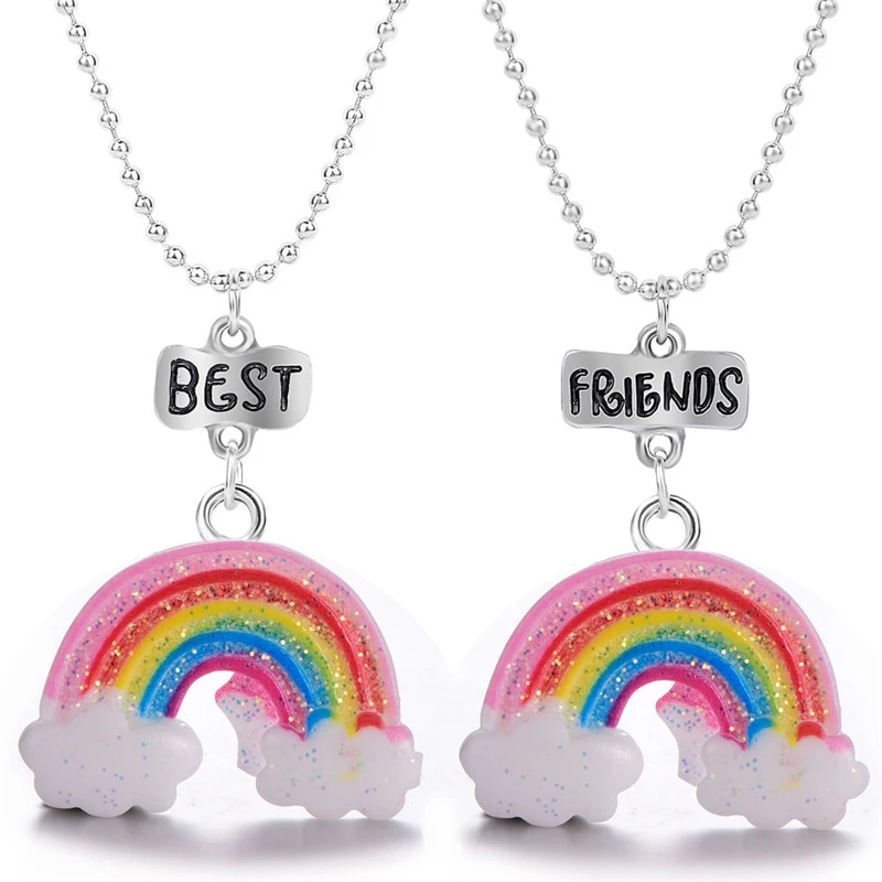 New Fashion 1set(2pcs) Resin 3-D Rainbow Pendant Best Friends Necklace BFF Chain Necklace Children Girl Jewelry Gift, TCN725