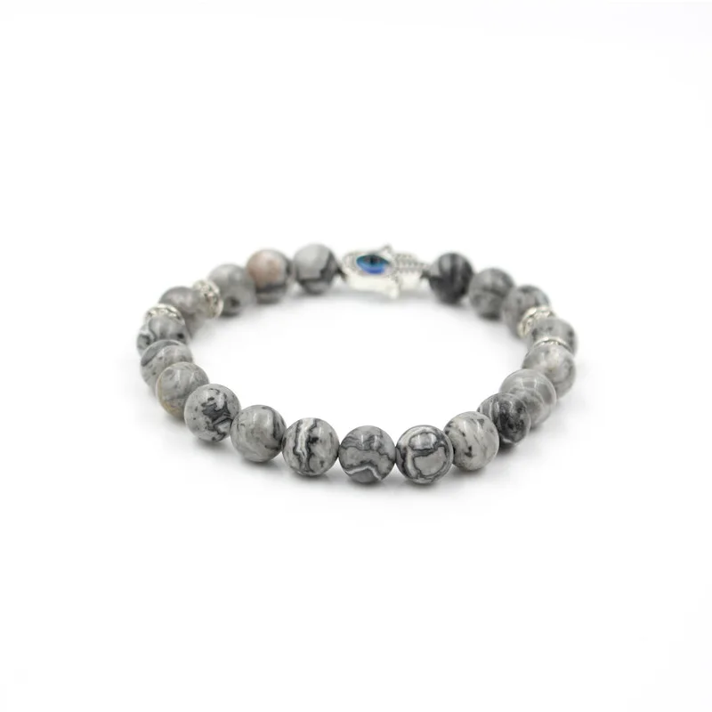Antique Silver Color Hand of Fatima Hamsa Charm Bracelet Mala Marble Stone Bead Evil Eye Elastic Bracelet for Men & Women Gift 4