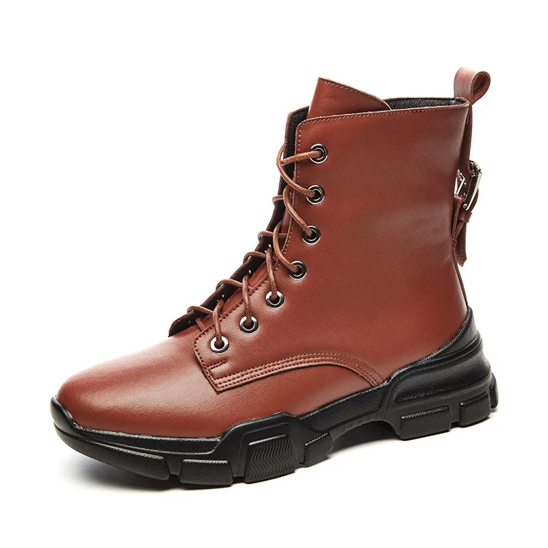 

Fashion Leisure Buckle Women Martin Boots Round Toe Med Flat With Punk Motorcycle Boots Ankle Spring Autumm Lace up Shoes