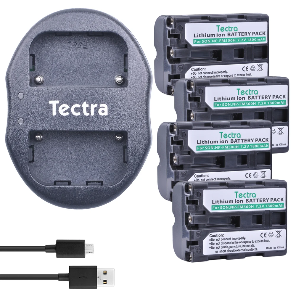Tectra 4 Pz Np-Fm500H Batteria + Usb Caricatore Doppio Per Sony A57 A65 A77 A99 A350 A550 A580 A900 A300 A900 A700 A200 A58 A560 A850