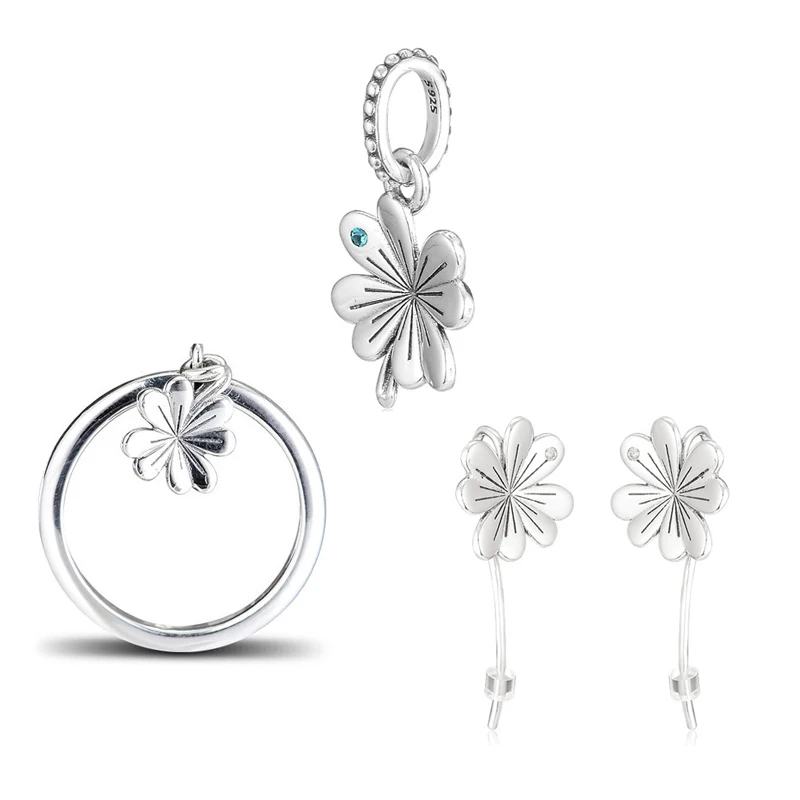 

CKK 925 Sterling Silver Lucky Four Leaf Clovers Ring Necklace Pendant Stud Earrings Jewelry Set for Women Gift PFS933