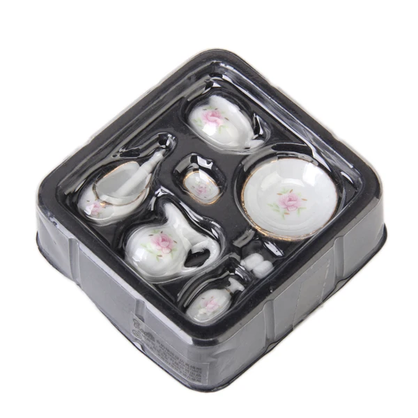 8PCS Decorative Floral Ceramic Bathroom Accessories Set for 1/12 Dollhouse