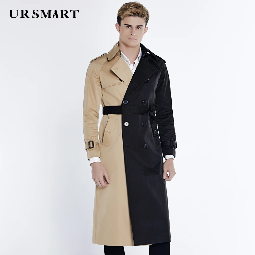 

URSMART Authentic windbreaker male fashion color matching double-breasted long men's windbreaker British hale coat dust coat