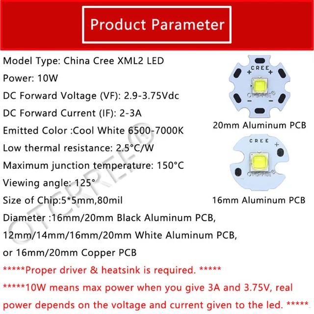 Cree XLamp XM-L2 XML2 T6 10W Cool Warm White 6500K High Power LED 