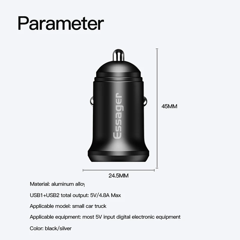 Автомобильное USB зарядное устройство Essager Led для iPhone Xiaomi samsung huawei Зажигалка быстрое автомобильное зарядное устройство для мобильного телефона двойное USB Автомобильное зарядное устройство 4.8A