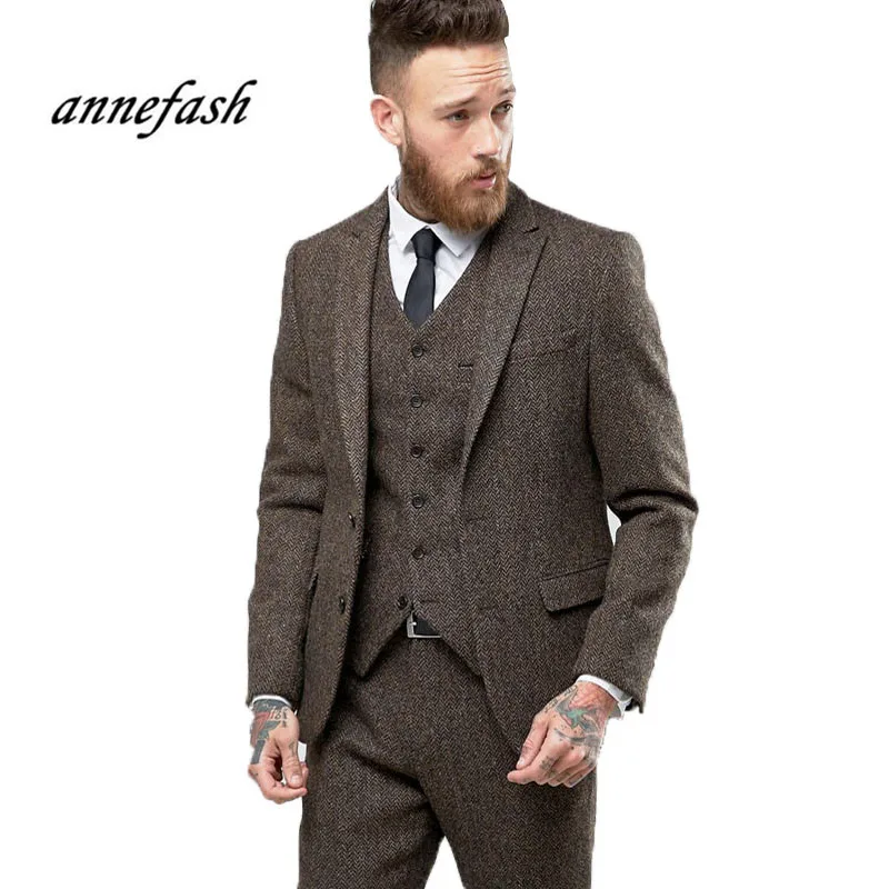 Nach Mass Manner Formale Braun Herringbone Tweed Anzug Hochzeit Smoking Sanfte Moderne Wollblazer 3 Stuck Manner Anzuge 3 Piece Men Suits Men Suittweed Suit Aliexpress
