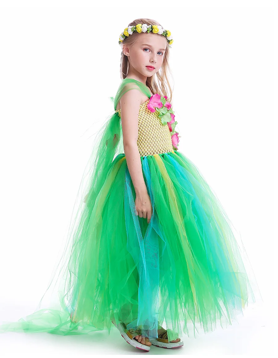Green Flower Girls Elsa Tutu Dress Purim Cosplay Halloween Costume Kids Birthday Party Dresses Fever Inspired Handmade Dress (9)