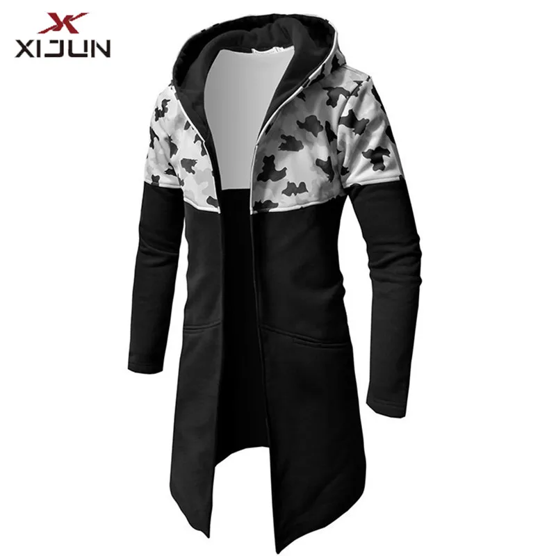 

XIJUN men fall 2018 Men Hooded Trench Casaul Slim Male Long Coats camouflage Patchwork Cardigan Men's Tracksuit Fashion