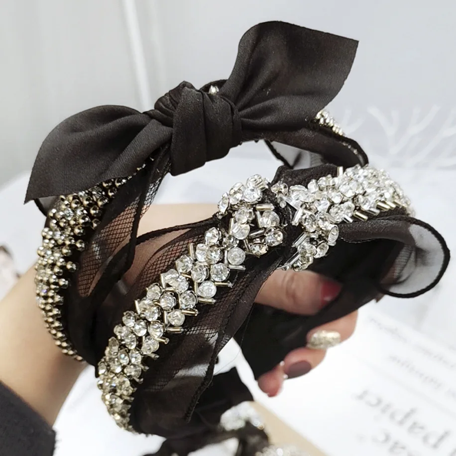 

2019 Lace Headband Diamond Pearl Rhinestone Hair Accessories Black Butterfly Boutique Bow Hair Bands for Women Knot Haar Acces