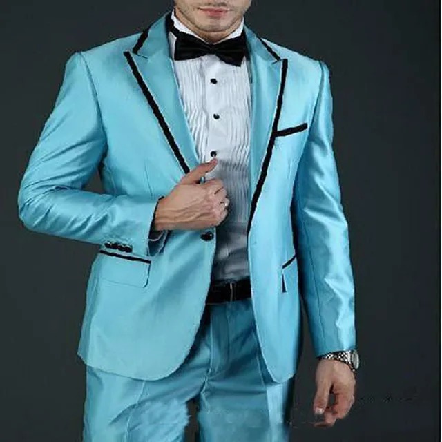 Custom Made tuxedo jacket men suit 2017 Groom Tuxedos light blue Peak Lapel Groomsman Men Wedding
