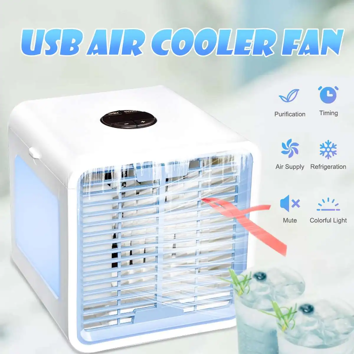 

USB LCD Mini Air Cooler Cool Cooling Fan Purify Humidifier 3 speed 6 Colors LED Lights 16.5x13.5x16.5cm Low Energy Consumption
