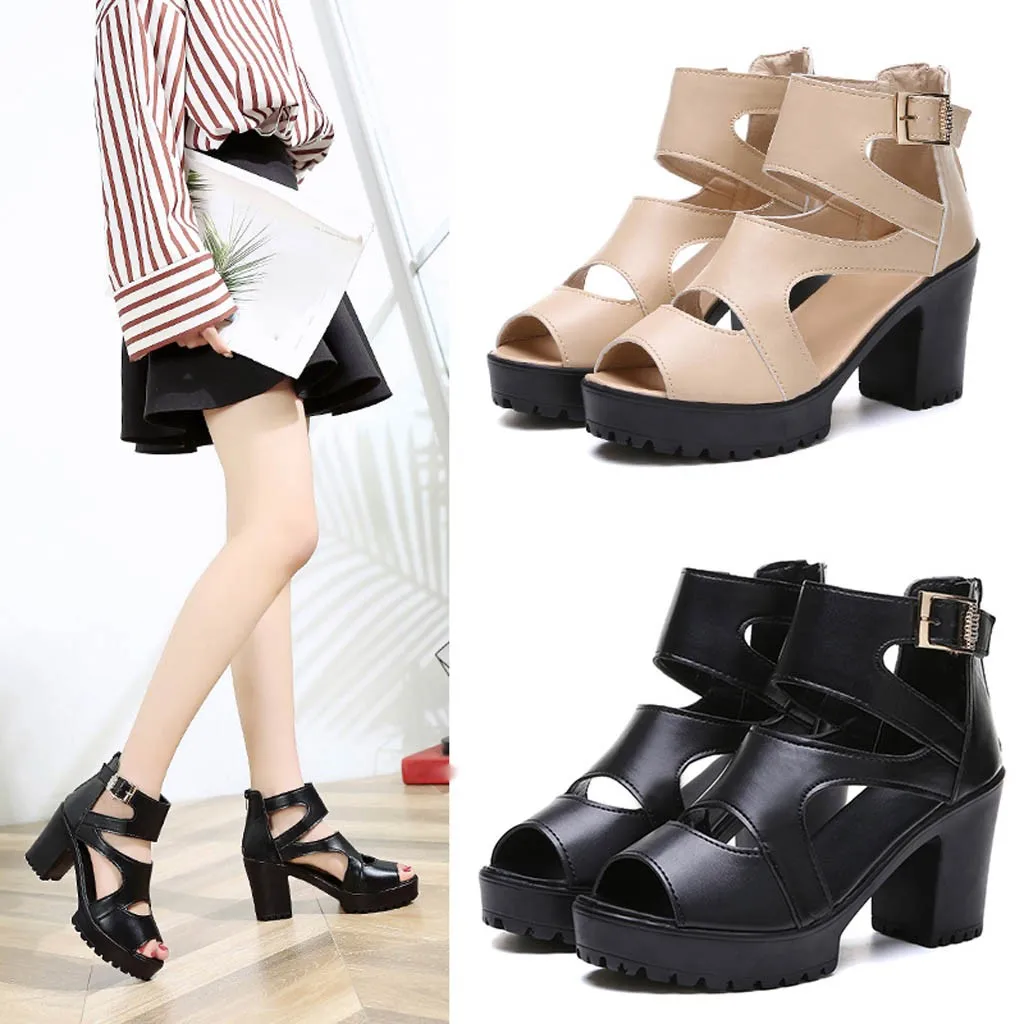 

Women summer sandals Fish Mouth Retro Shoes Buckle Strap Thick-soled high heels Square Heel Platform sandals обувь женская летня