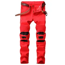 Мужские Hi Street рваные байкерские джинсы, штаны с застежкой на лодыжке, прямые эластичные красные мотоциклетные джинсовые штаны, кожаные Лоскутные