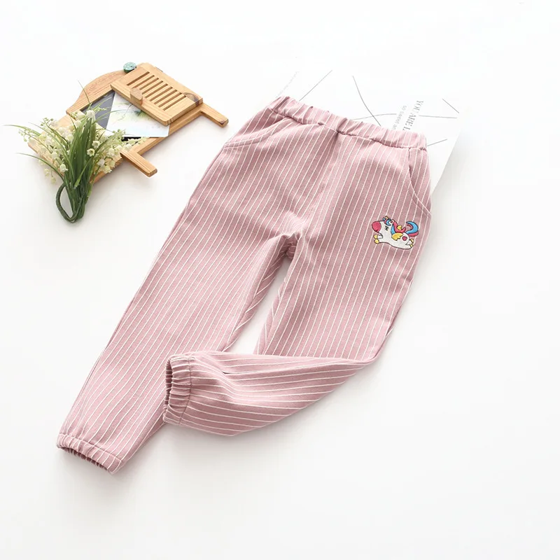 Штаны для девочек, детские штаны с вышивкой, леггинсы в полоску для девочек, эластичные свободные детские штаны, весенне-осенняя одежда - Цвет: Розовый