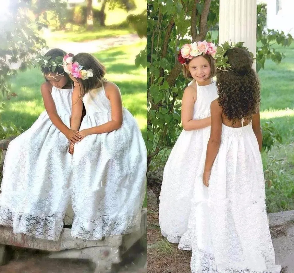 

New Beach Boho Flower Girls Dresses For Weddings Full Lace Halter Sleeveless Backless Long First Communion Dress Any Size