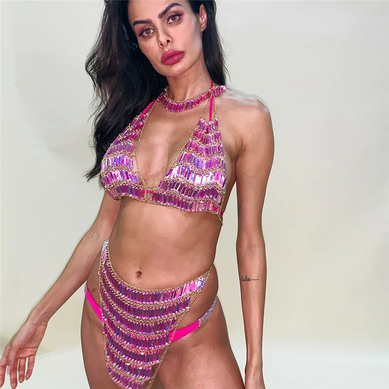 Женский комплект из двух предметов сексуальный с блестками и мини юбкой