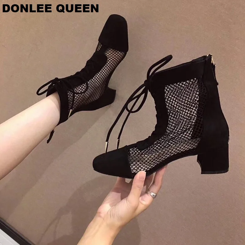 

DONLEE QUEEN Sexy New Summer Women Ankle Boots Cross Tied Mesh Footwear Chunky Heel Fashion Short Rome Sandal Boots Casual Shoes
