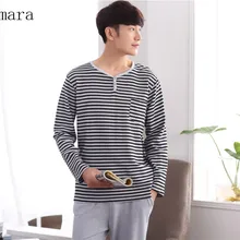 sexemara поступление, модная мужская одежда, хлопок, o-образный вырез, длинный рукав, Полосатое пальто и серые удобные штаны