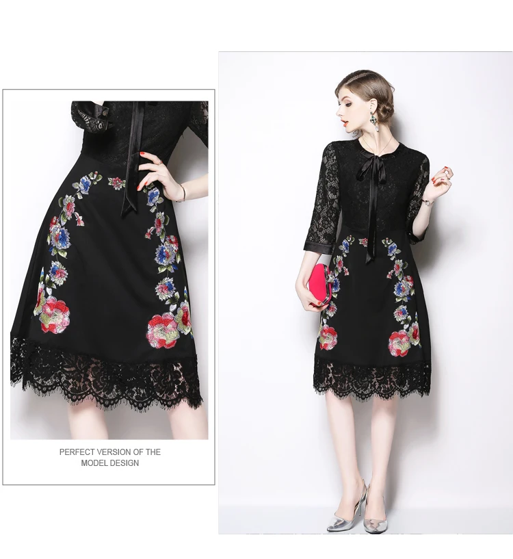 Высокое качество модное кружевное вечерние платье Весна Осень женское платье пэчворк с вырезом бант винтажная вышивка цветочное черное