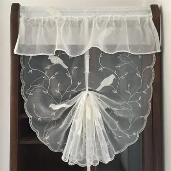 

American Pastoral Bird Embroidered Lifting Curtains Balloon Curtains Sheer Panel for Bay Window Kitchen Finished Tulle D006#3