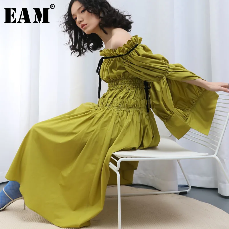 

[EAM] 2019 New Autumn Winter Slash Neck Long Sleeve Drawstring Ruffles Loose Hollow Out Temperment Dress Women Fashion JS591
