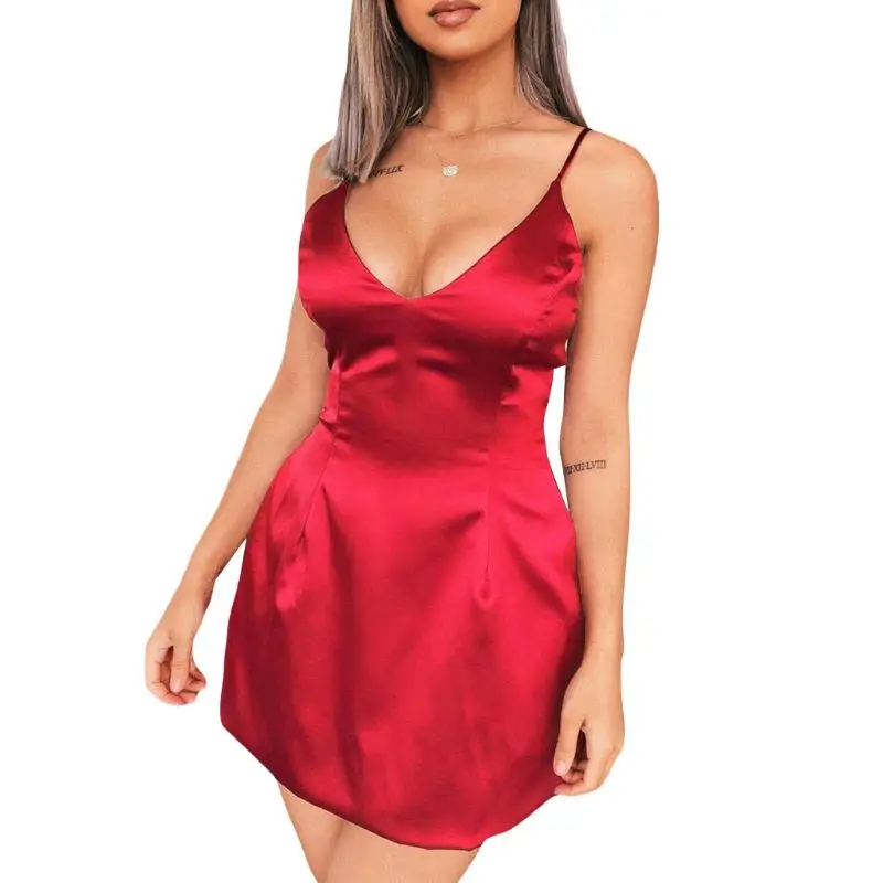 

2019 New Arrival Women Sexy Deep V Neck Strappy Tunic Satin Dress Lady Female Casual Party Night Clubwear Mini Dress 3 Colors