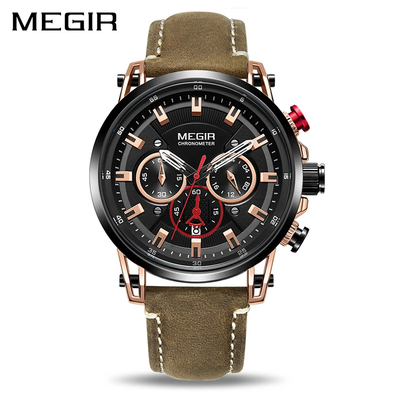 Kaufen MEGIR Männer Sport Uhren Top Marke Luxus Leder Quarzuhr Männer Uhr Wasserdicht Armee Military Armbanduhren Relogio Masculino