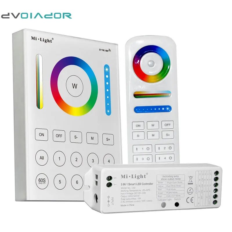 

DVOLADOR 5 in 1 Smart LED Strip Controller and Mi light 8 zone smart panel remote and RGB+CCT remote for 5050 LED strip DC12-24V