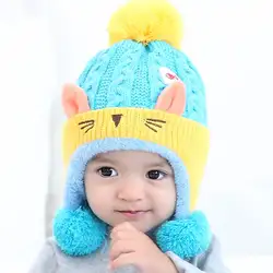 Зимняя шапка, теплая, милая, Младенческая шапочка, шапка, милая, для маленьких мальчиков и девочек, с животными, с кошачьими ушками, Детская