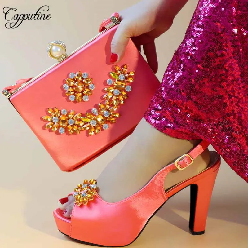Capputine 2019 New Italian Rhinestone Woman Shoes And Bag To Match Set Nigerian Style High Heels Shoes And Bag Set For Party