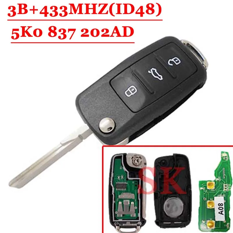 (1 шт.) после продажи 5K0 837 202AD 3-кнопочный дистанционный ключ 433 МГц ID48 чип для VW |