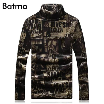 

BATMO 2018 new arrival winter high quality velour printed Letter thrtleneck thicked t-shirts men,men's t-shirt plus-size 6309